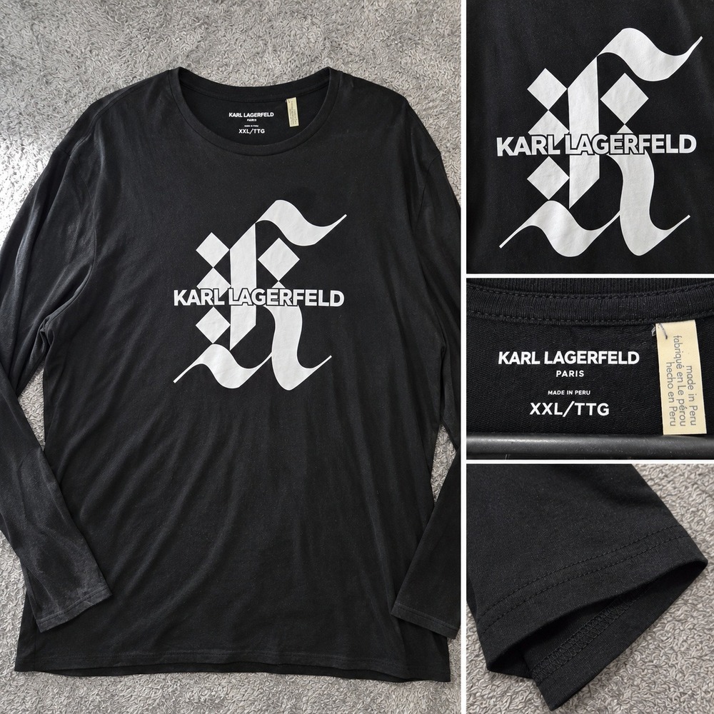 Karl Lagerfeld Paris Mens XXL Black Long Sleeve Gothic Logo Graphic T-Shirt